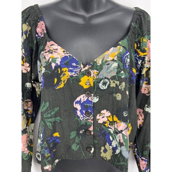 RVCA Black Women Top Blouse Small 8 Floral Sweetheart Cartia Long Sleeve New - Picture 2 of 10